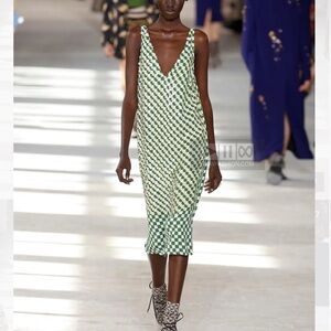 Dries Van Noten Green and White Geometric Midi Dress